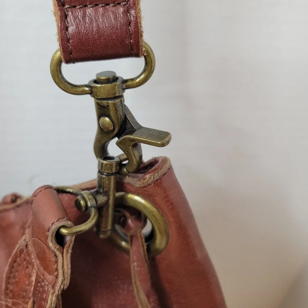 Lucky Brand Brown Leather Hobo Bag Braided Handle Crossbody Cognac Clover Charm